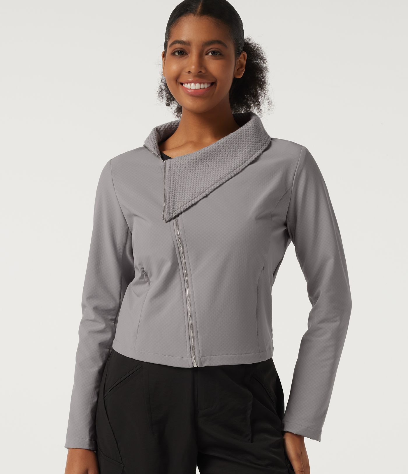Asymmetric Collar Long Sleeve Casual Jacket with Pockets Asymmetric Collar Long Sleeve Casual Jacket with Pockets