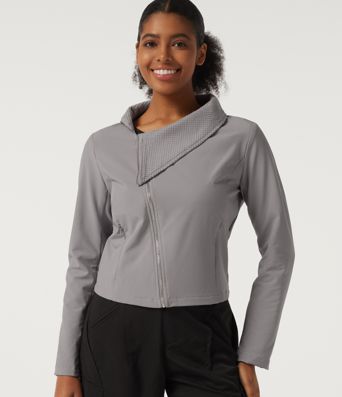 Asymmetric Collar Long Sleeve Casual Jacket with Pockets Asymmetric Collar Long Sleeve Casual Jacket with Pockets