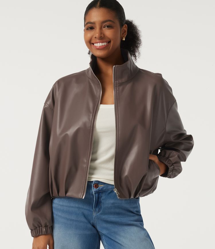 Stand Collar Long Sleeve Casual Faux Leather Jacket with Pockets