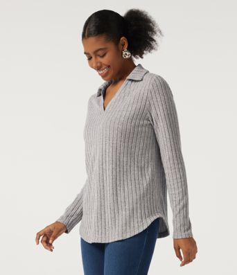 Ribbed Knit Long Sleeve Curved Hem Work Blouse Ribbed Knit Long Sleeve Curved Hem Work Blouse