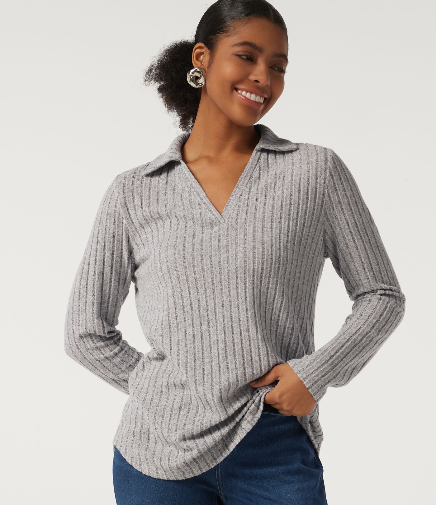 Ribbed Knit Long Sleeve Curved Hem Work Blouse Ribbed Knit Long Sleeve Curved Hem Work Blouse