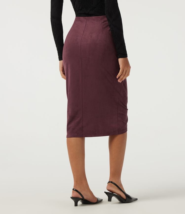 Chocolate Truffle High Waisted Ruched Crossover Hem Bodycon Midi Suede Casual Skirt / 2