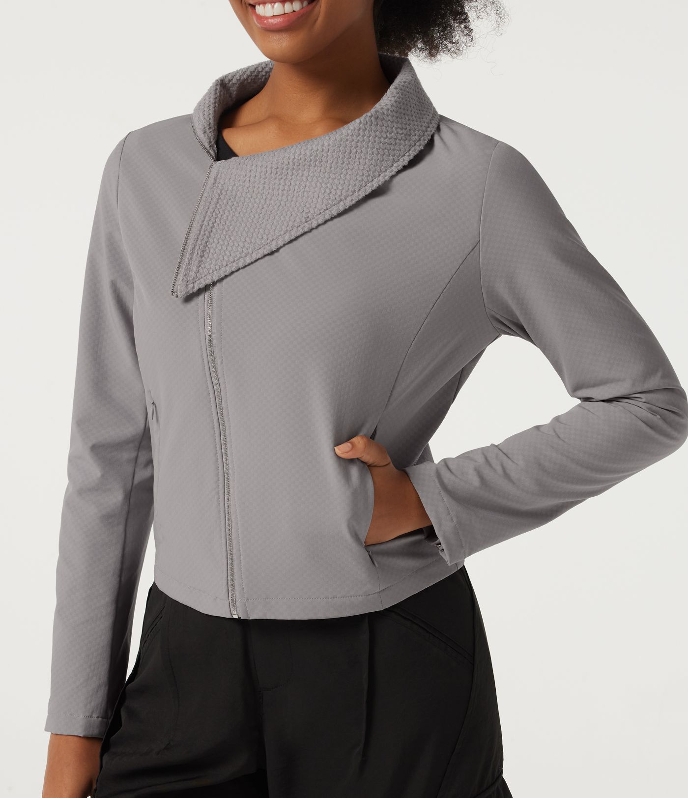 Asymmetric Collar Long Sleeve Casual Jacket with Pockets Asymmetric Collar Long Sleeve Casual Jacket with Pockets
