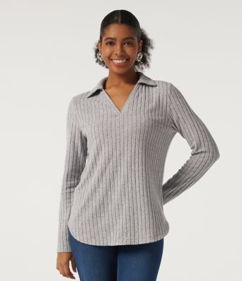 Ribbed Knit Long Sleeve Curved Hem Work Blouse Ribbed Knit Long Sleeve Curved Hem Work Blouse