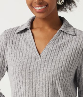 Ribbed Knit Long Sleeve Curved Hem Work Blouse Ribbed Knit Long Sleeve Curved Hem Work Blouse