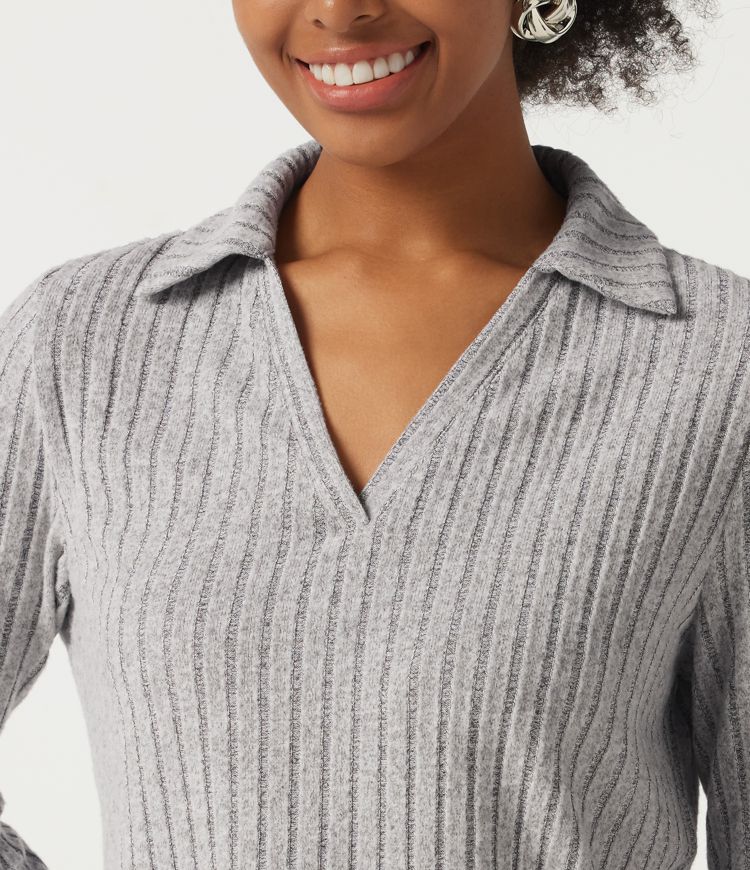 Ribbed Knit Long Sleeve Curved Hem Work Blouse Ribbed Knit Long Sleeve Curved Hem Work Blouse
