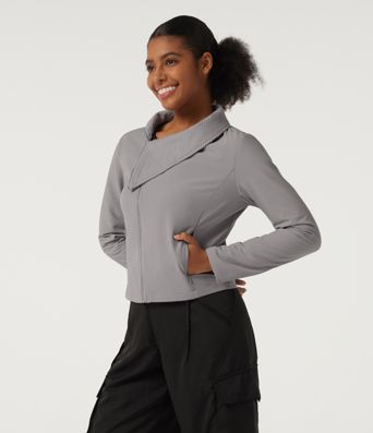 Asymmetric Collar Long Sleeve Casual Jacket with Pockets Asymmetric Collar Long Sleeve Casual Jacket with Pockets