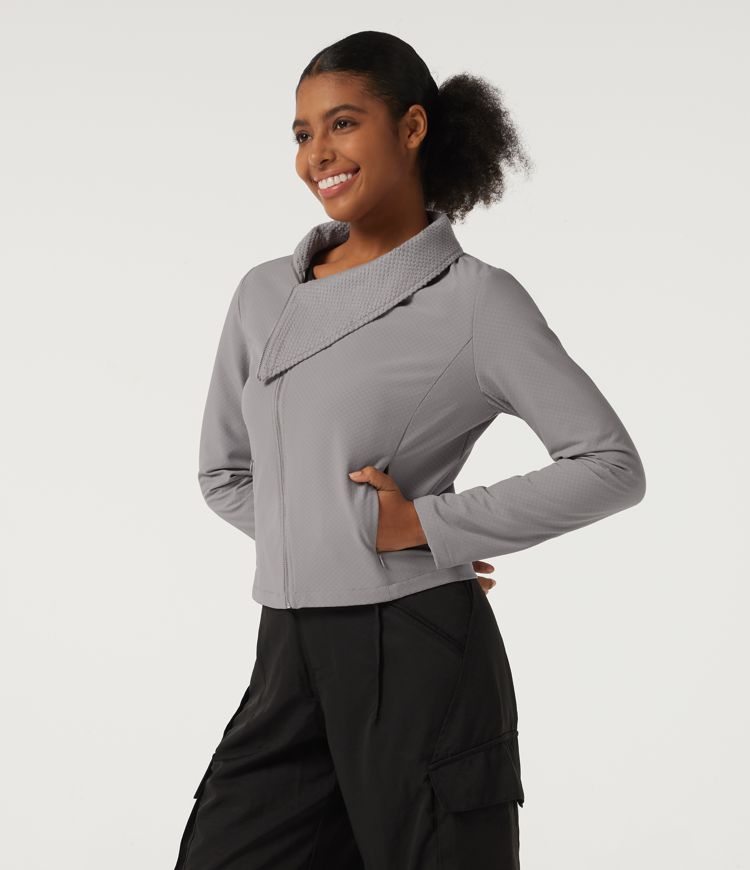 Asymmetric Collar Long Sleeve Casual Jacket with Pockets Asymmetric Collar Long Sleeve Casual Jacket with Pockets