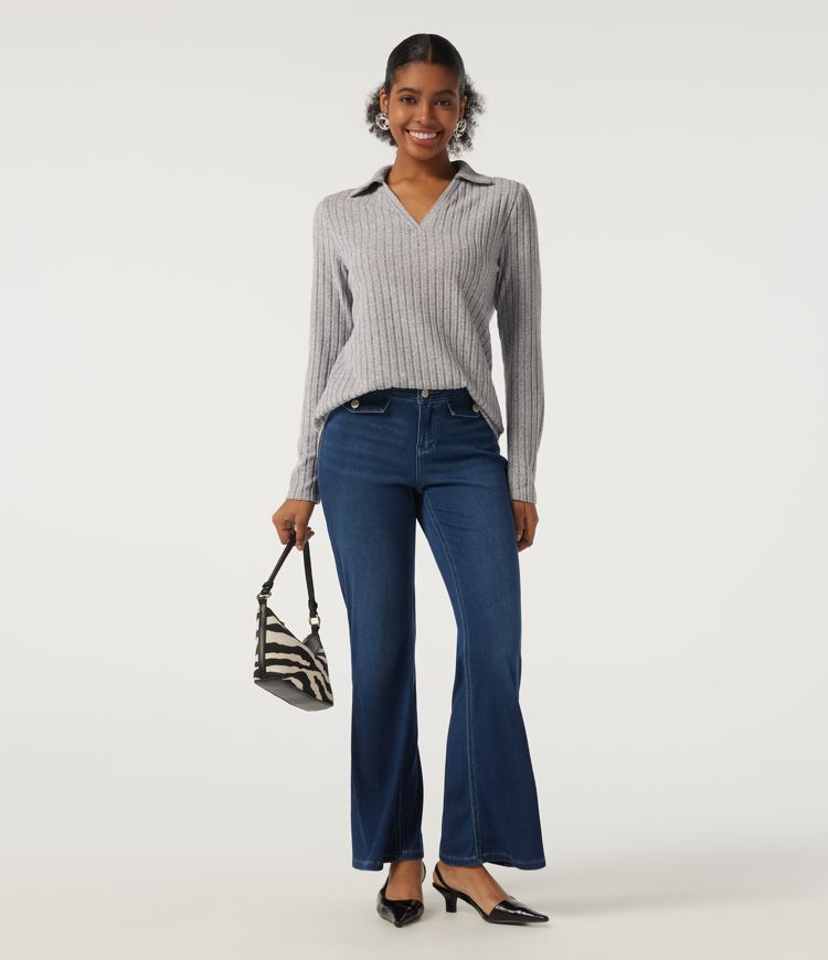 Ribbed Knit Long Sleeve Curved Hem Work Blouse Ribbed Knit Long Sleeve Curved Hem Work Blouse