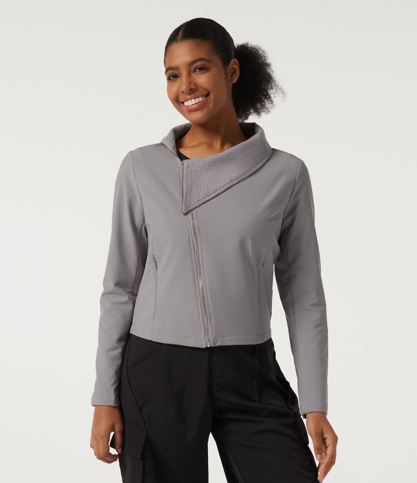 Asymmetric Collar Long Sleeve Casual Jacket with Pockets Asymmetric Collar Long Sleeve Casual Jacket with Pockets