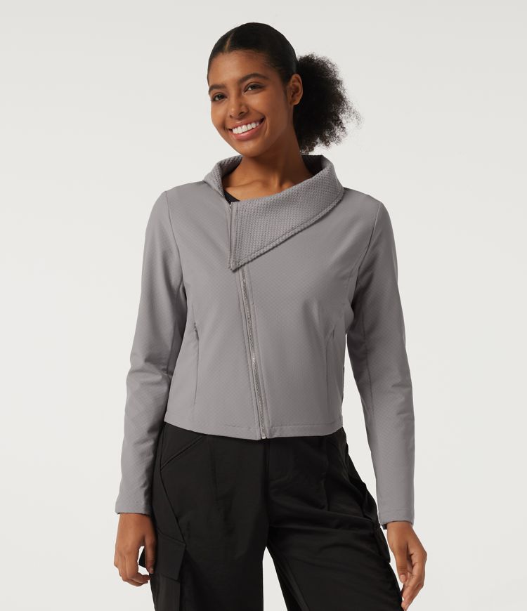Asymmetric Collar Long Sleeve Casual Jacket with Pockets Asymmetric Collar Long Sleeve Casual Jacket with Pockets