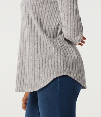 Ribbed Knit Long Sleeve Curved Hem Work Blouse Ribbed Knit Long Sleeve Curved Hem Work Blouse
