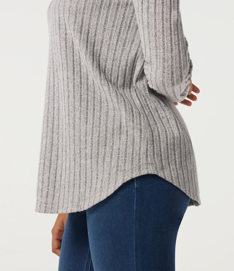 Ribbed Knit Long Sleeve Curved Hem Work Blouse Ribbed Knit Long Sleeve Curved Hem Work Blouse