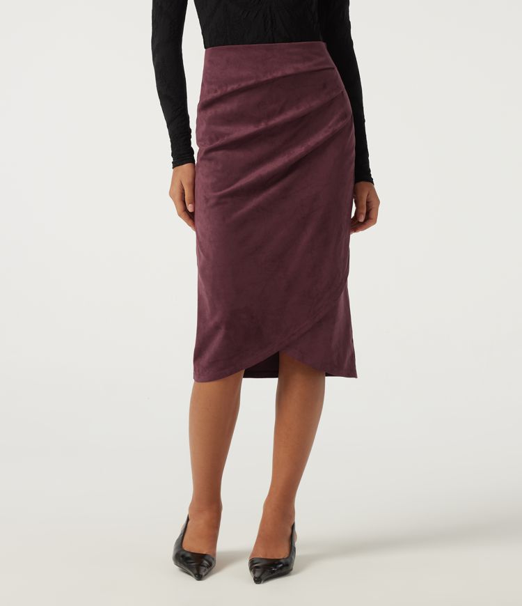 High Waisted Ruched Crossover Hem Bodycon Midi Suede Casual Skirt