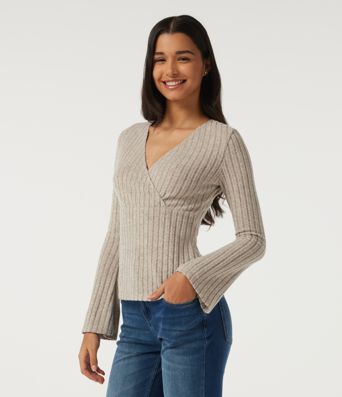 Ribbed Knit V Neck Long Sleeve Top
