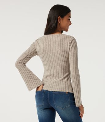 Ribbed Knit V Neck Long Sleeve Top