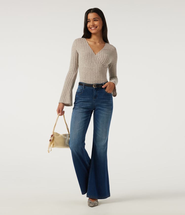 Ribbed Knit V Neck Long Sleeve Top
