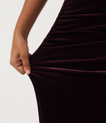 High Waisted Tummy Control Ruched Velvet Bodycon Party Midi Skirt with Built-in Shorts