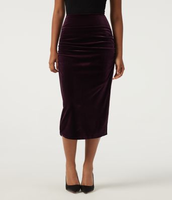 High Waisted Tummy Control Ruched Velvet Bodycon Party Midi Skirt with Built-in Shorts