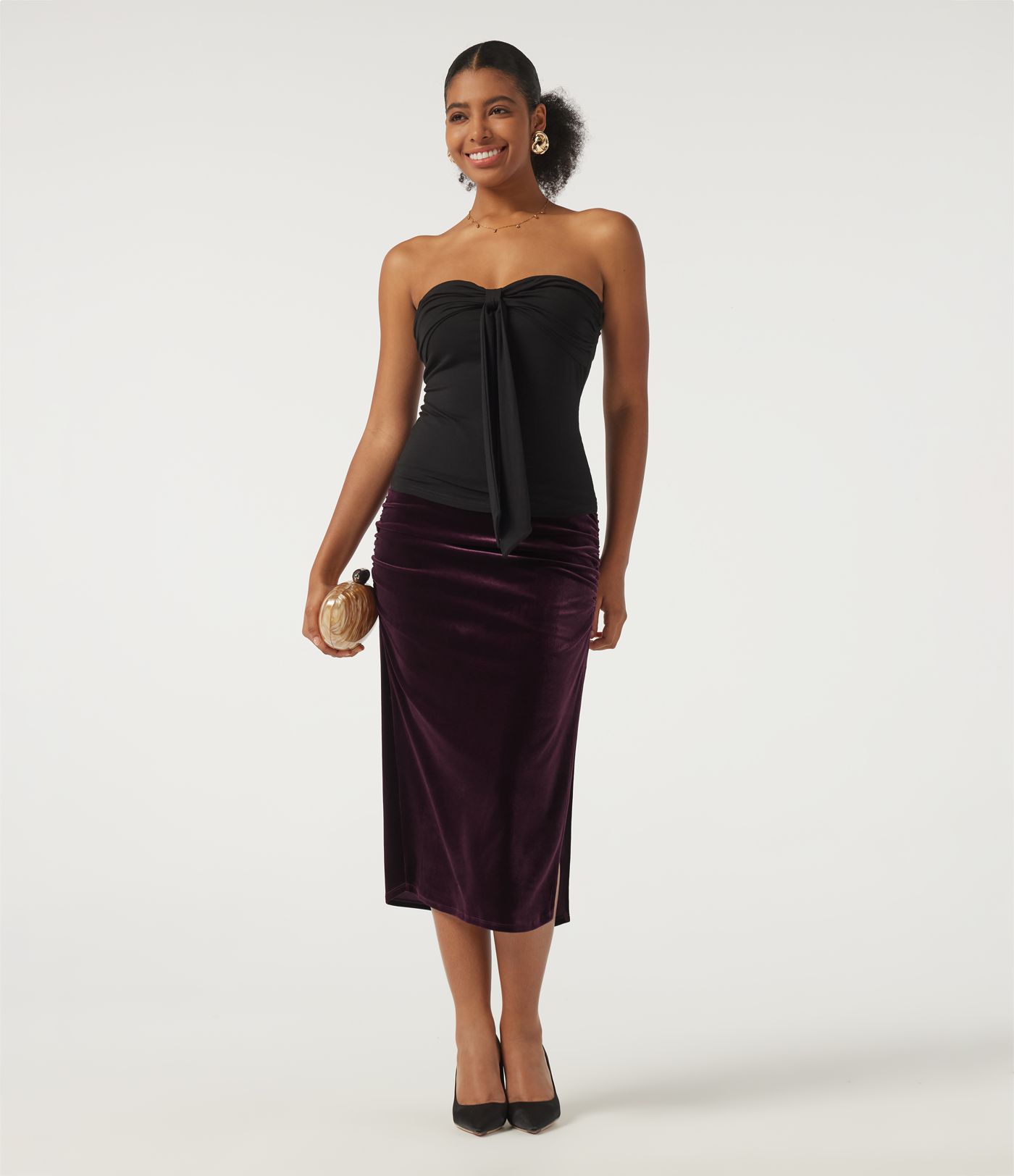 High Waisted Tummy Control Ruched Velvet Bodycon Party Midi Skirt with Built-in Shorts