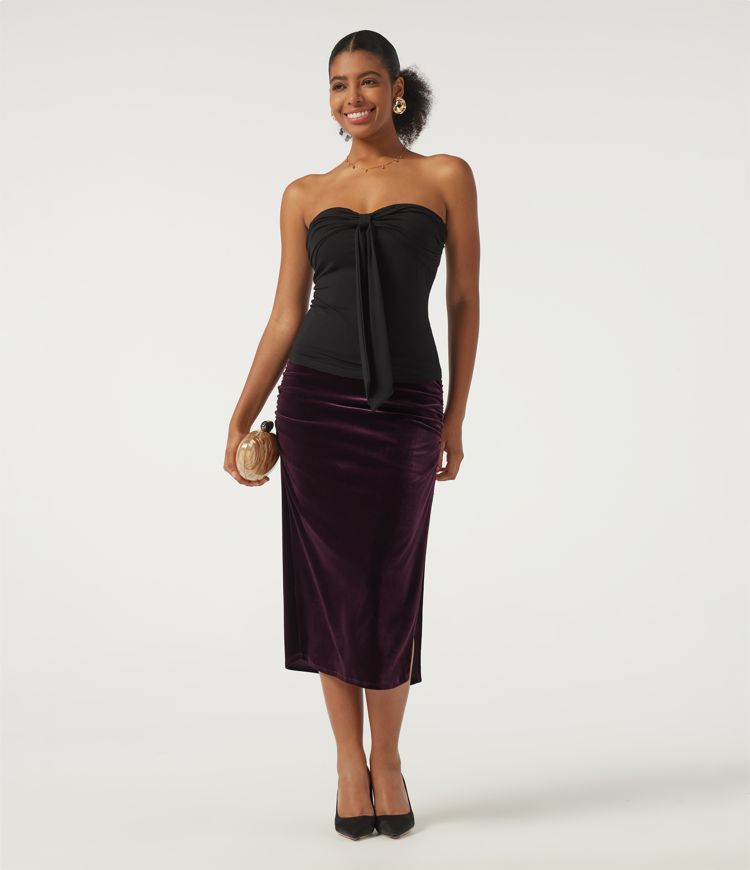 High Waisted Tummy Control Ruched Velvet Bodycon Party Midi Skirt with Built-in Shorts