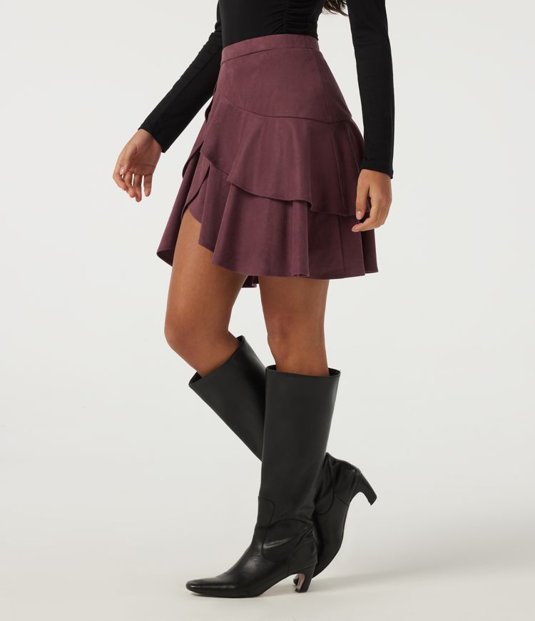 High Waisted Asymmetric Ruffle Hem Suede A-Line Casual Mini Skirt with Built-in Shorts and Pocket High Waisted Asymmetric Ruffle Hem Suede A-Line Casual Mini Skirt with Built-in Shorts and Pocket