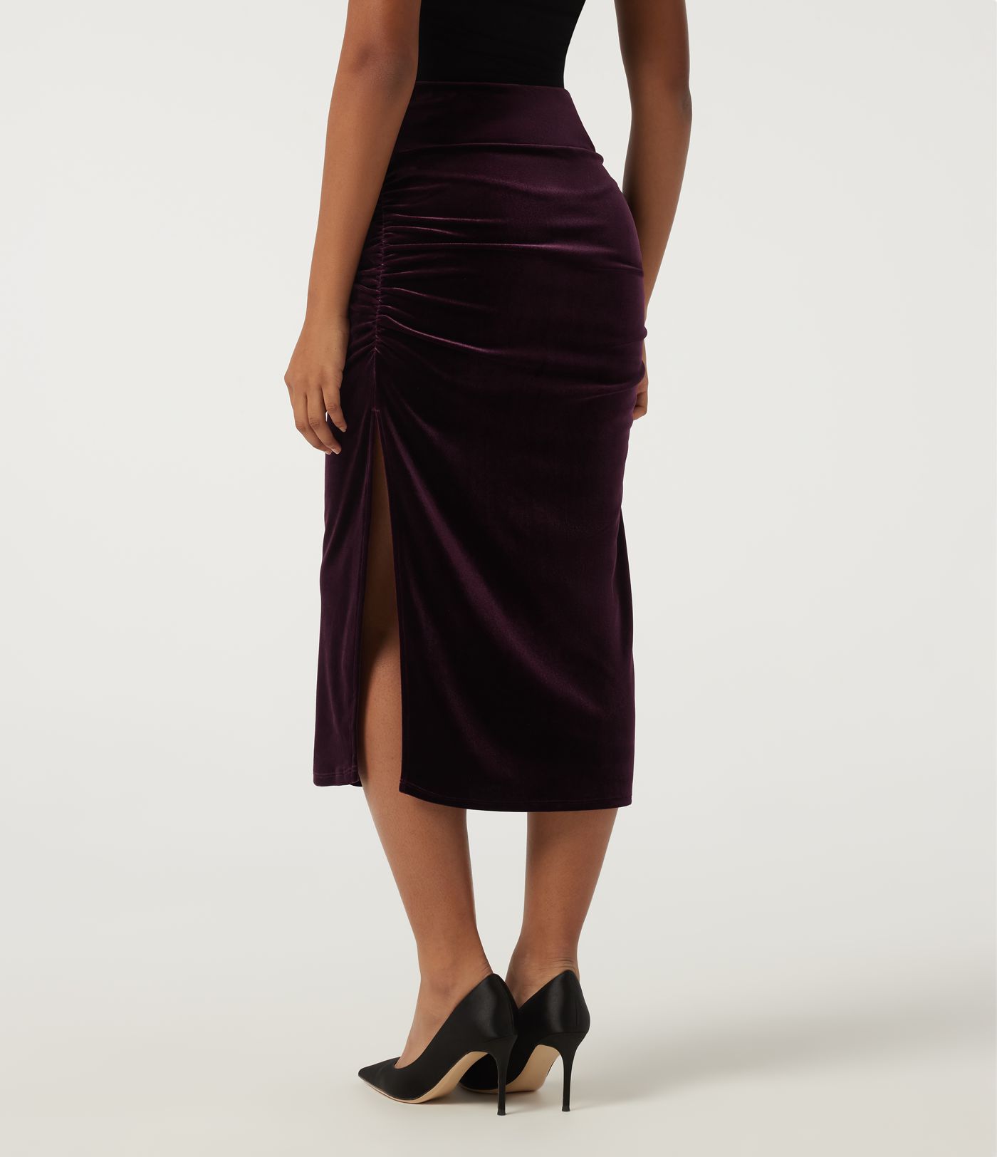 High Waisted Tummy Control Ruched Velvet Bodycon Party Midi Skirt with Built-in Shorts