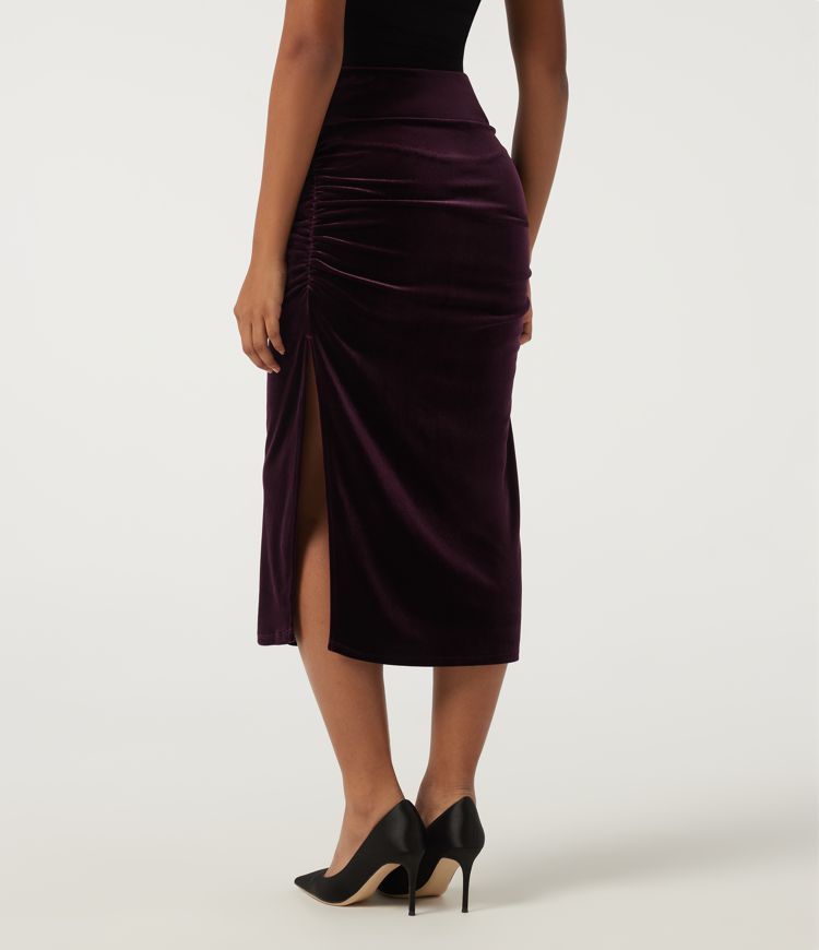 High Waisted Tummy Control Ruched Velvet Bodycon Party Midi Skirt with Built-in Shorts