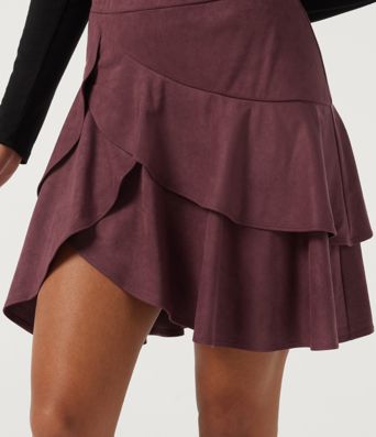 High Waisted Asymmetric Ruffle Hem Suede A-Line Casual Mini Skirt with Built-in Shorts and Pocket High Waisted Asymmetric Ruffle Hem Suede A-Line Casual Mini Skirt with Built-in Shorts and Pocket