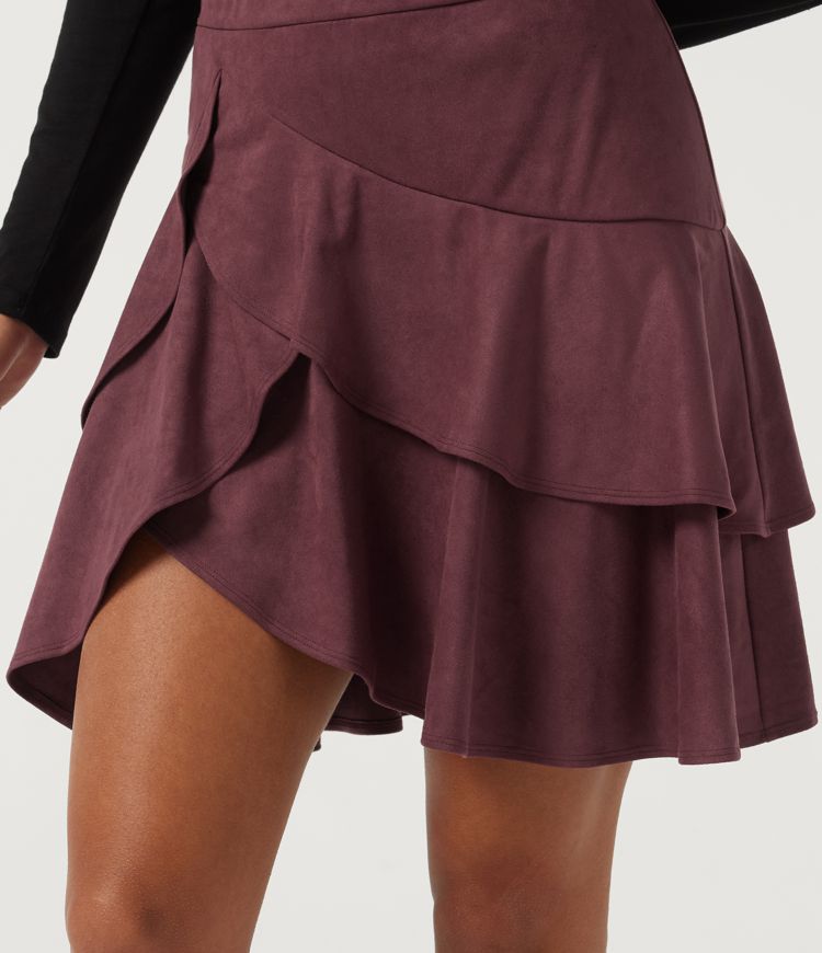High Waisted Asymmetric Ruffle Hem Suede A-Line Casual Mini Skirt with Built-in Shorts and Pocket High Waisted Asymmetric Ruffle Hem Suede A-Line Casual Mini Skirt with Built-in Shorts and Pocket