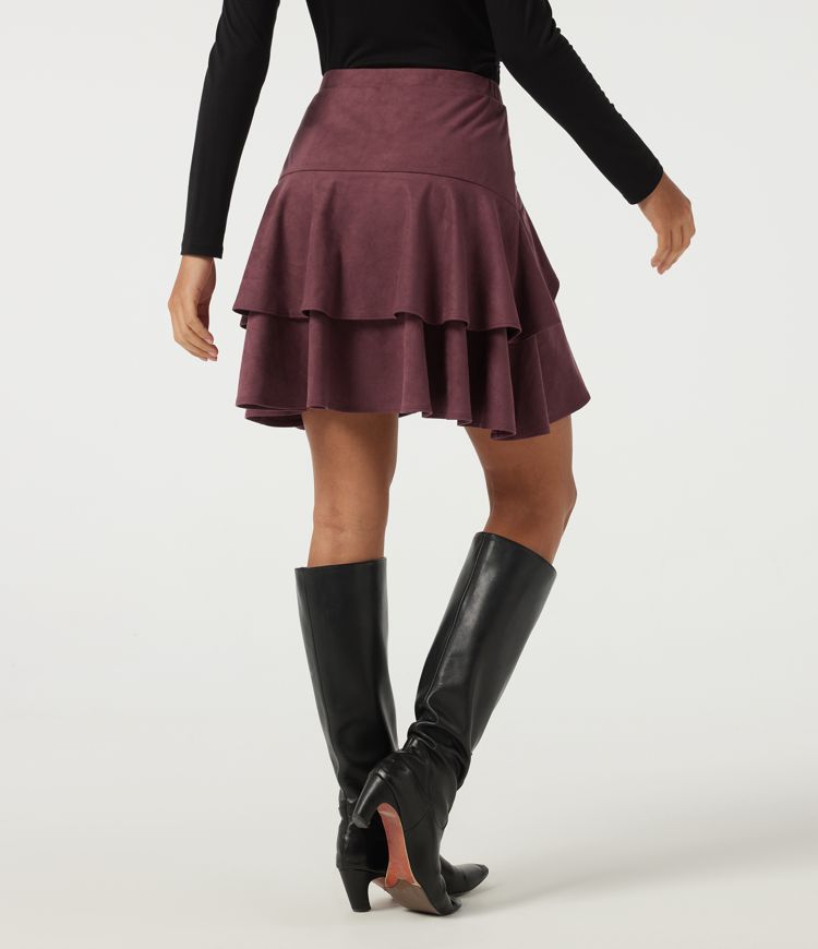 High Waisted Asymmetric Ruffle Hem Suede A-Line Casual Mini Skirt with Built-in Shorts and Pocket High Waisted Asymmetric Ruffle Hem Suede A-Line Casual Mini Skirt with Built-in Shorts and Pocket