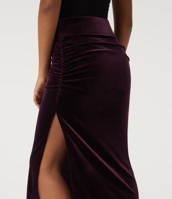High Waisted Tummy Control Ruched Velvet Bodycon Party Midi Skirt with Built-in Shorts