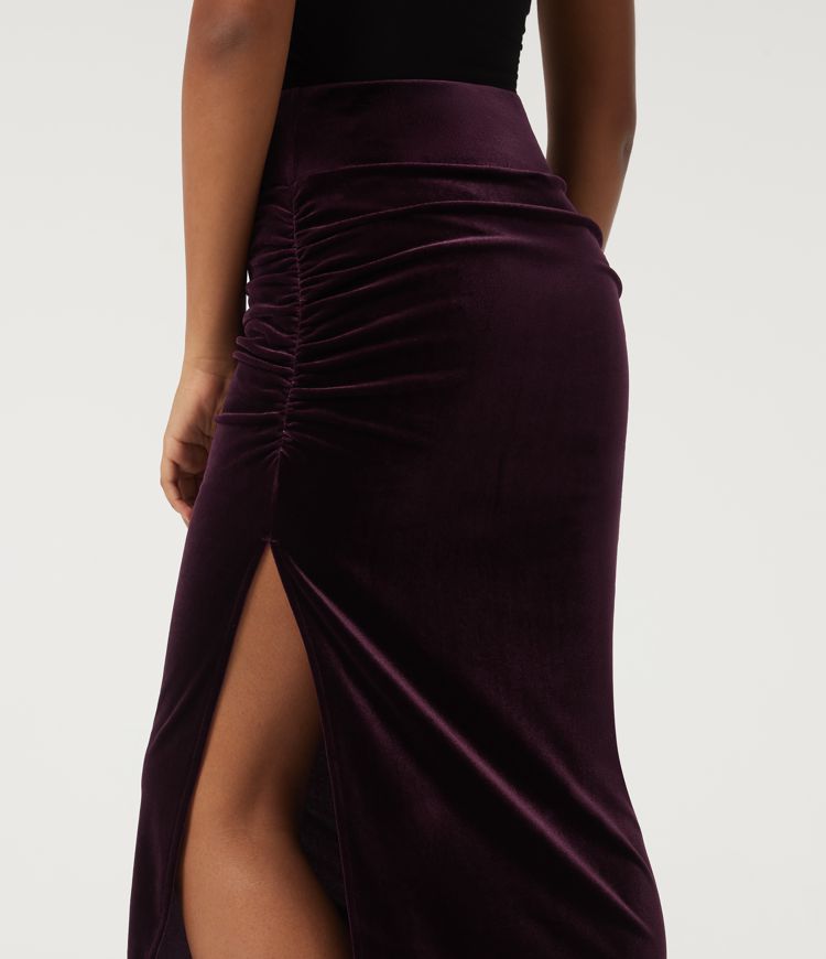 High Waisted Tummy Control Ruched Velvet Bodycon Party Midi Skirt with Built-in Shorts