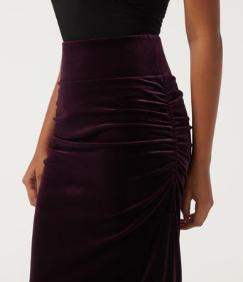 High Waisted Tummy Control Ruched Velvet Bodycon Party Midi Skirt with Built-in Shorts
