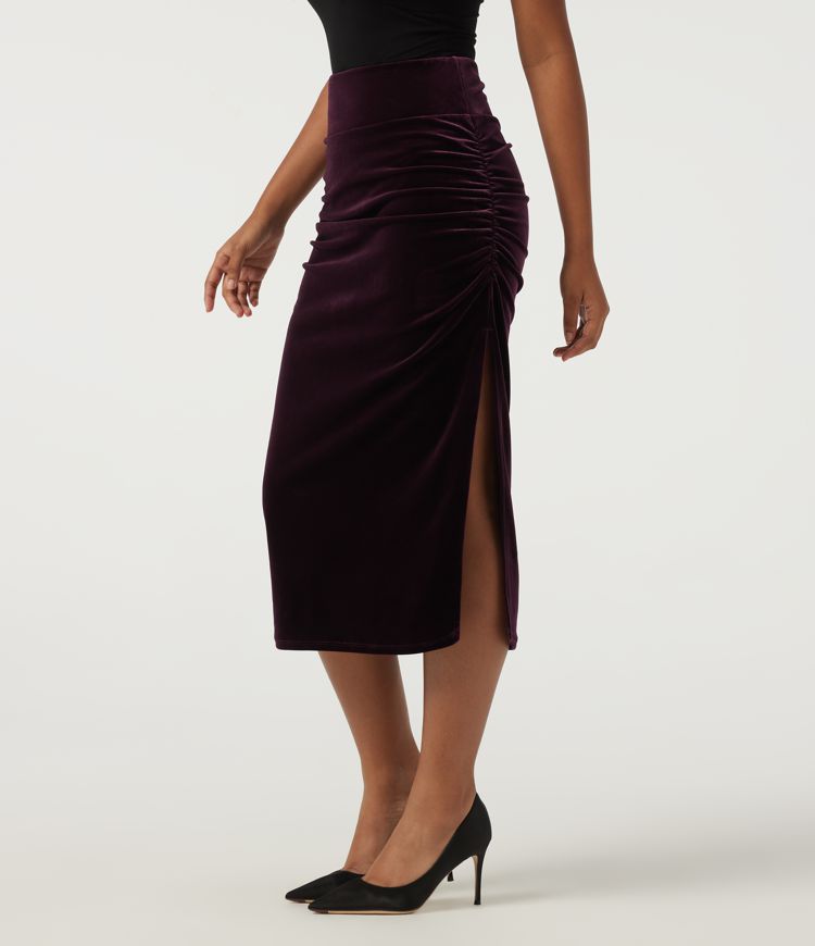 High Waisted Tummy Control Ruched Velvet Bodycon Party Midi Skirt with Built-in Shorts