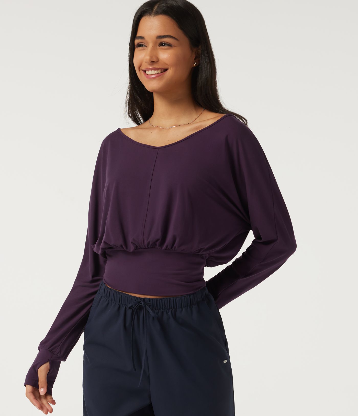 V Neck Batwing Long Sleeve Casual Top with Thumbholes V Neck Batwing Long Sleeve Casual Top with Thumbholes