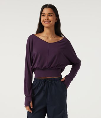 V Neck Batwing Long Sleeve Casual Top with Thumbholes V Neck Batwing Long Sleeve Casual Top with Thumbholes