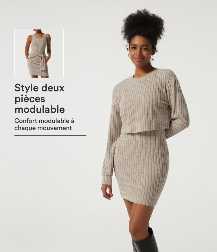 Robe courte 2 pièces moulante en maille côtelée à col rond manches longues