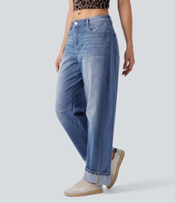 Halara Flex™ - Lässige Jeans mit niedrigem Bund, mehreren Taschen, Barrel-Leg und umgeschlagenem Saum