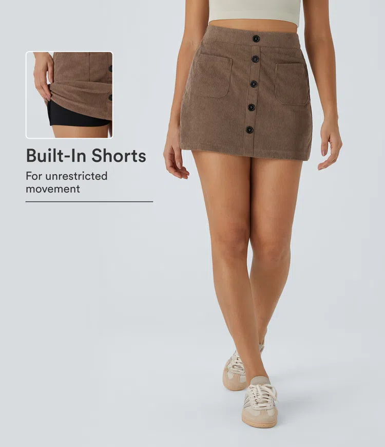 High Waisted Pocket Zipper 2-in-1 Corduroy Mini Casual Skirt