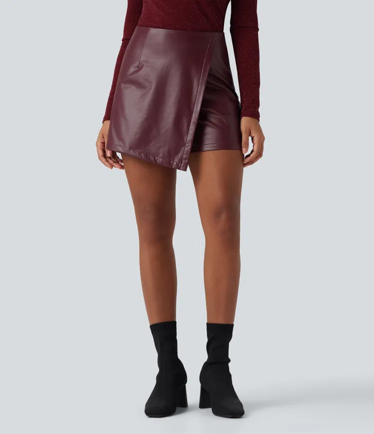 High Waisted Mini Fleece Casual PU Leather Skort