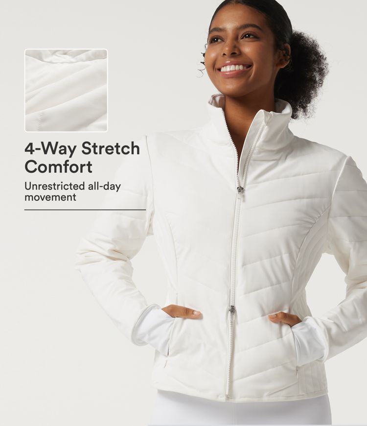 PuffFlex Veste rembourrée matelassée décontractée à col montant, manches longues, avec poches et ouvertures pour les pouces PuffFlex Veste rembourrée matelassée décontractée à col montant, manches longues, avec poches et ouvertures pour les pouces