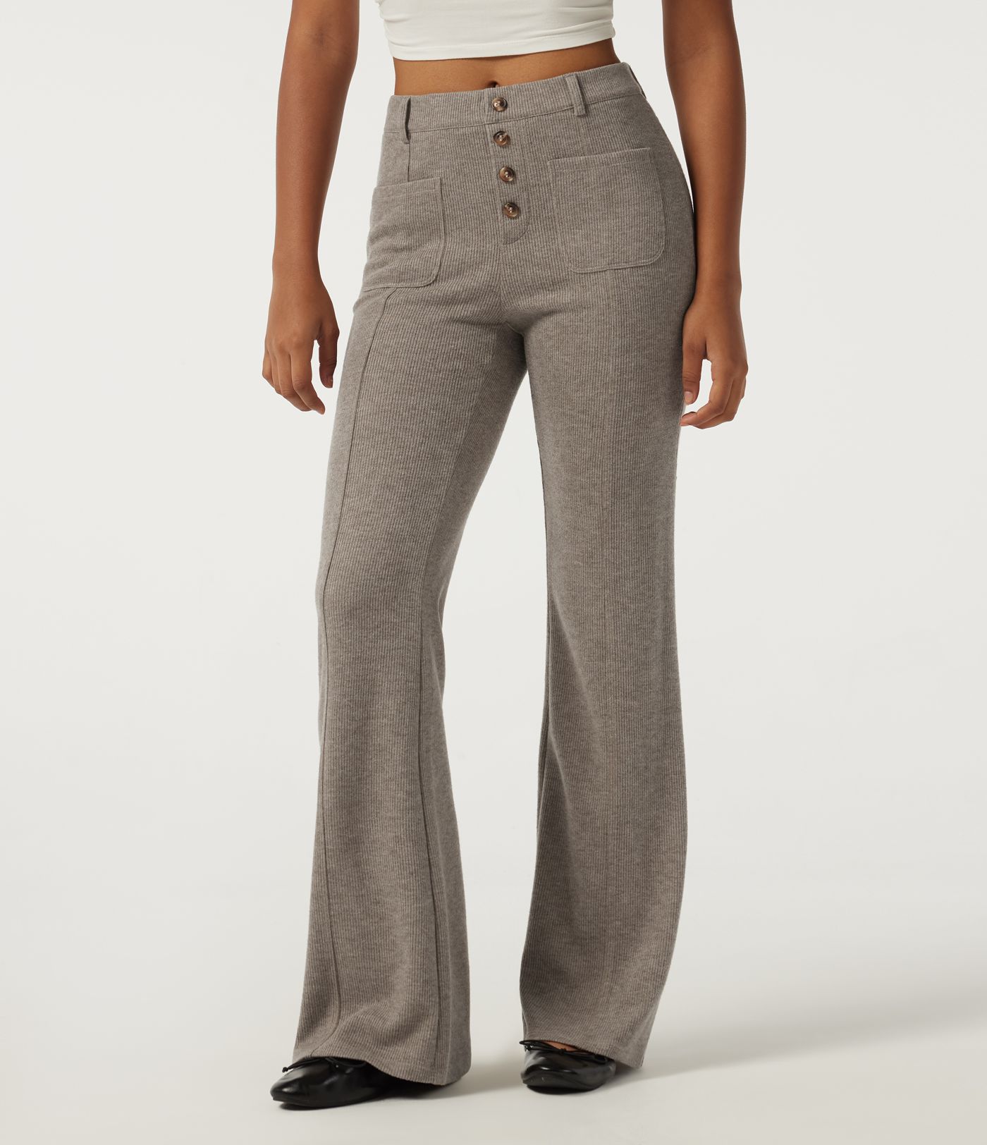 Ribbed Mid Rise Casual Flare Pants with Pockets Ribbed Mid Rise Casual Flare Pants with Pockets