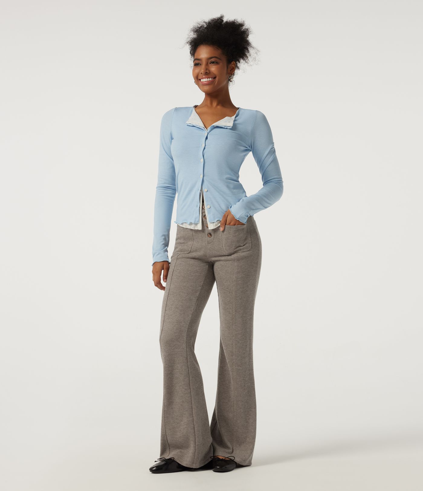 Ribbed Mid Rise Casual Flare Pants with Pockets Ribbed Mid Rise Casual Flare Pants with Pockets