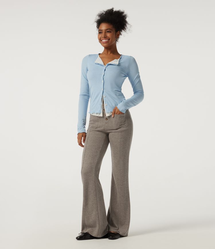 Ribbed Mid Rise Casual Flare Pants with Pockets Ribbed Mid Rise Casual Flare Pants with Pockets