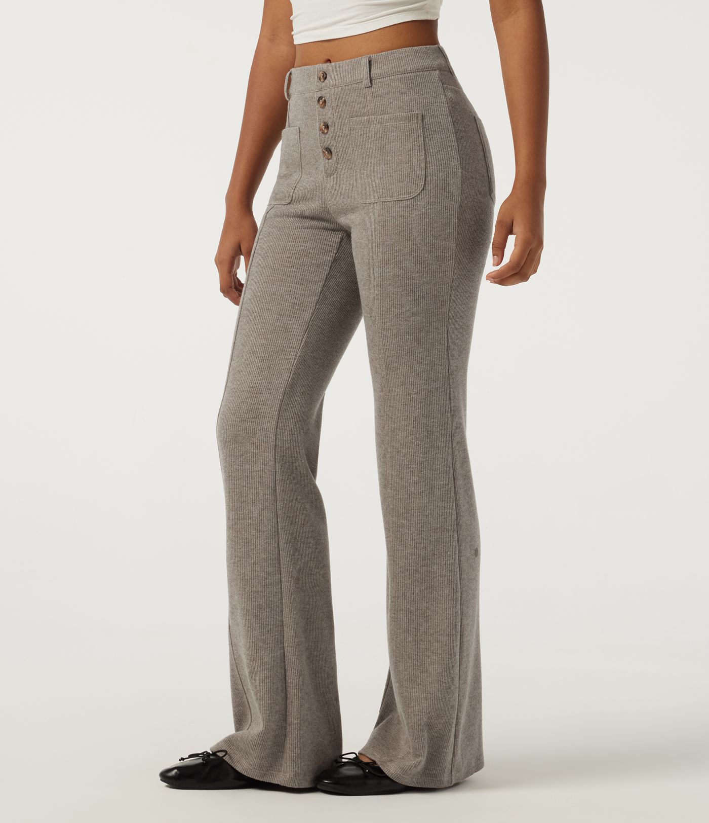 Ribbed Mid Rise Casual Flare Pants with Pockets Ribbed Mid Rise Casual Flare Pants with Pockets