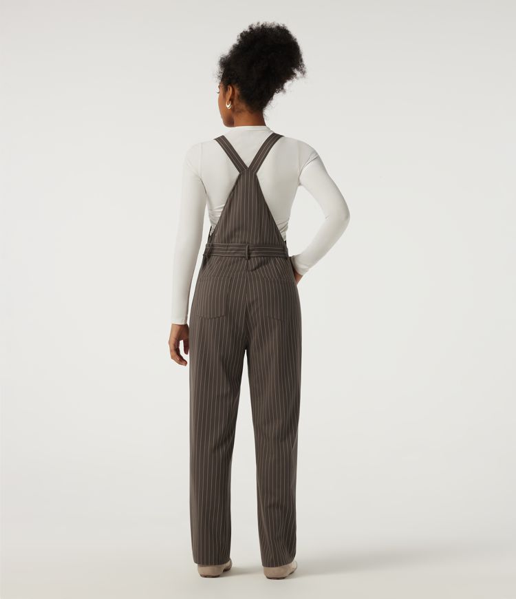 Square Neck Straight Leg Stripe Casual Overall with Pockets