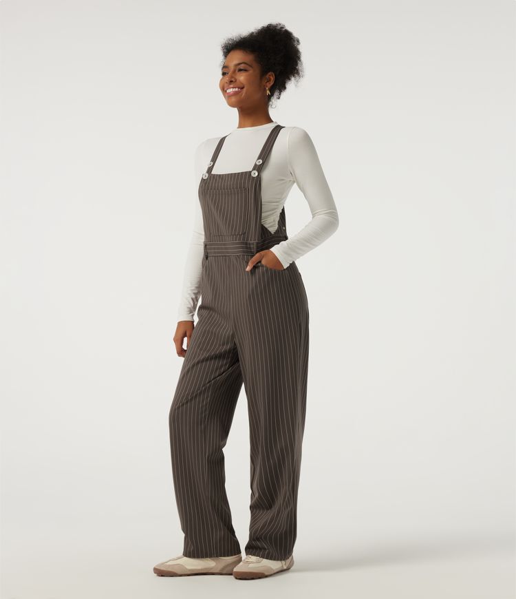 Square Neck Straight Leg Stripe Casual Overall with Pockets