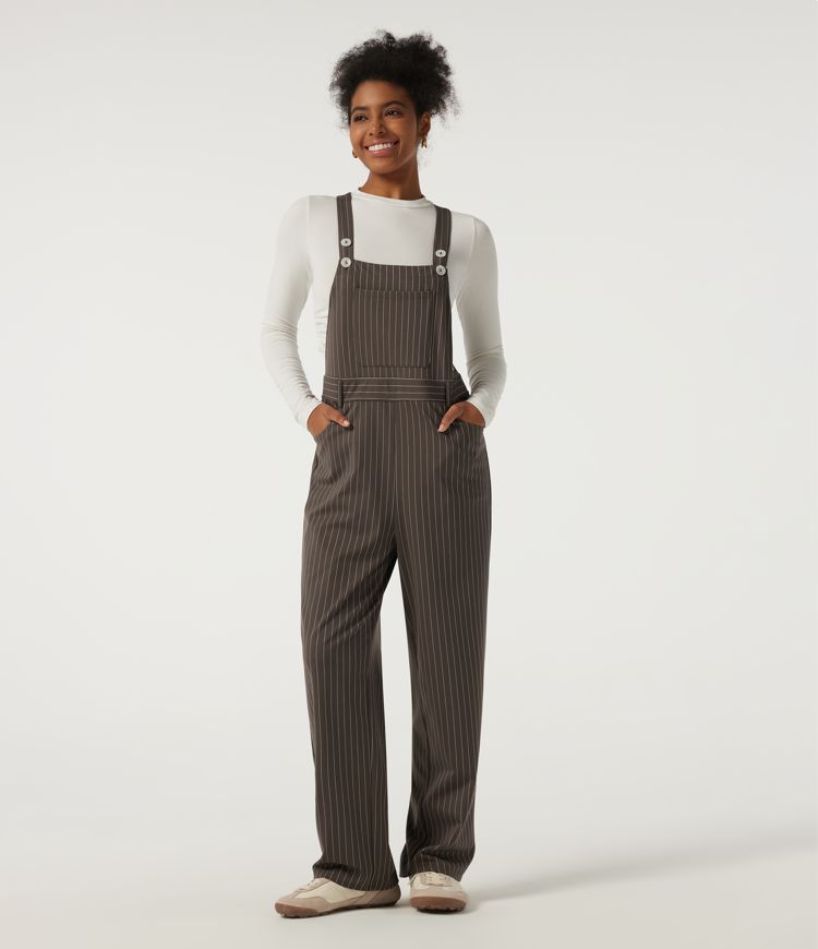 Square Neck Straight Leg Stripe Casual Overall with Pockets