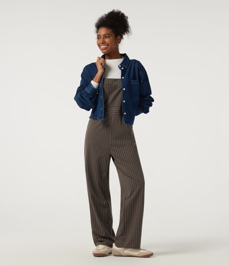 Square Neck Straight Leg Stripe Casual Overall with Pockets